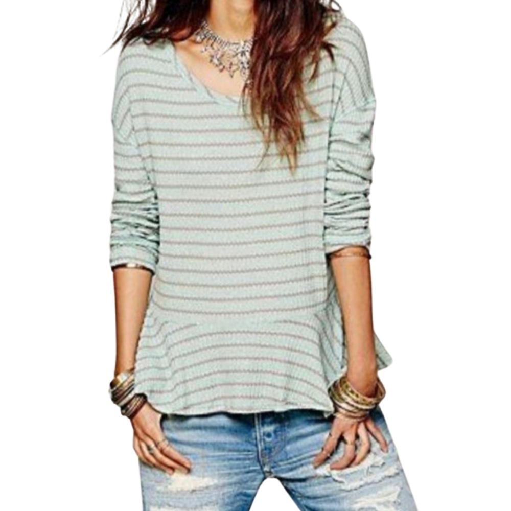 Free People | Auntie Em Mint Green Striped Waffle Knit Peplum Top | Large